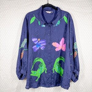 Gorman Dark Blue Floral Alligator Print Satin Button Up Top